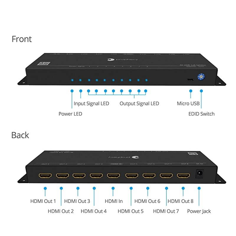 Prophecy Intelligent 1x8 HDMI Splitter 4K 60Hz HDR &ndash; 4K @60Hz 4:4:4, 18Gbps, Auto Scaling, HDMI 2.0a, HDCP 2.2, 3D, EDID, Cascadable, Firmware Upgradeable, 8 Port, 1 in 8 Out (PRO-HDRSplit8P)