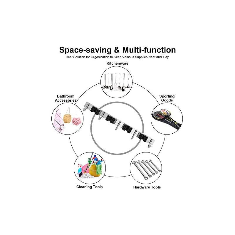 Garage Storage Stainless Steel Mop Broom Holder Wall Mount Heavy Duty Tools Hanger with 4 Racks 5 Hooks for Kitchen Bathroom Closet Garage Office Garden