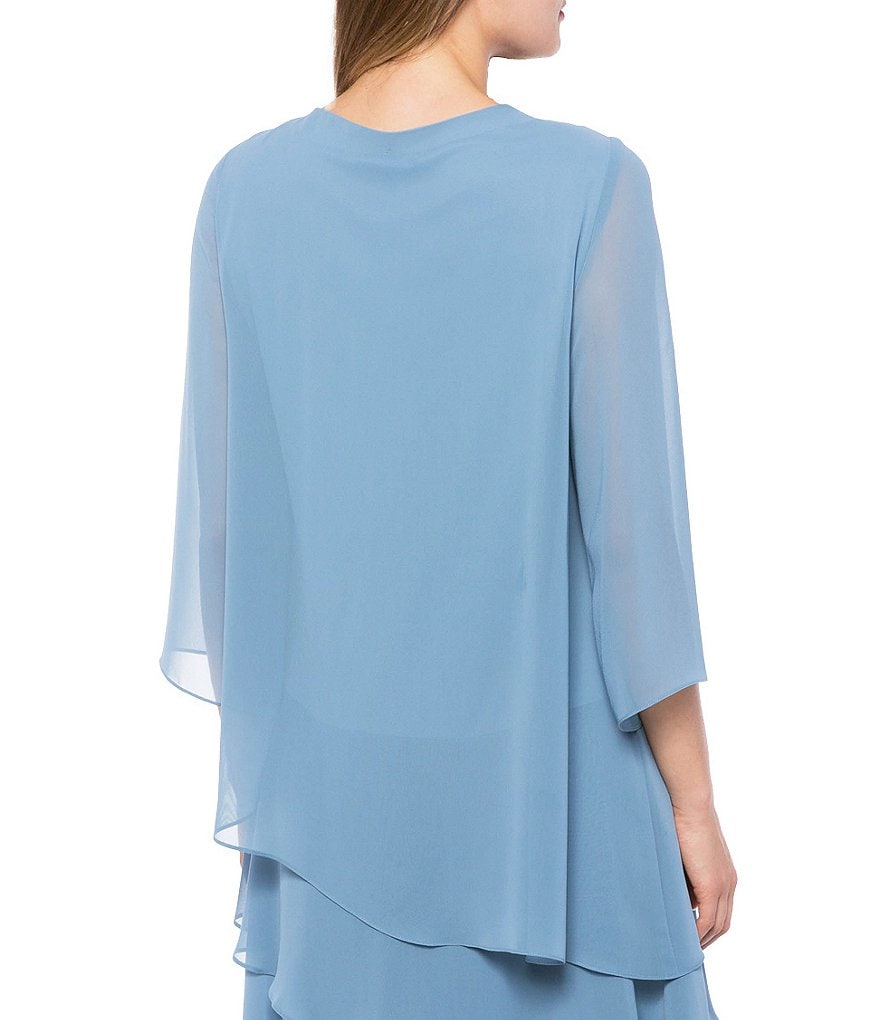 Marina Split 3/4 Sleeve Round Beaded Keyhole Neck Asymmetrical Tiered Chiffon Shift Dress