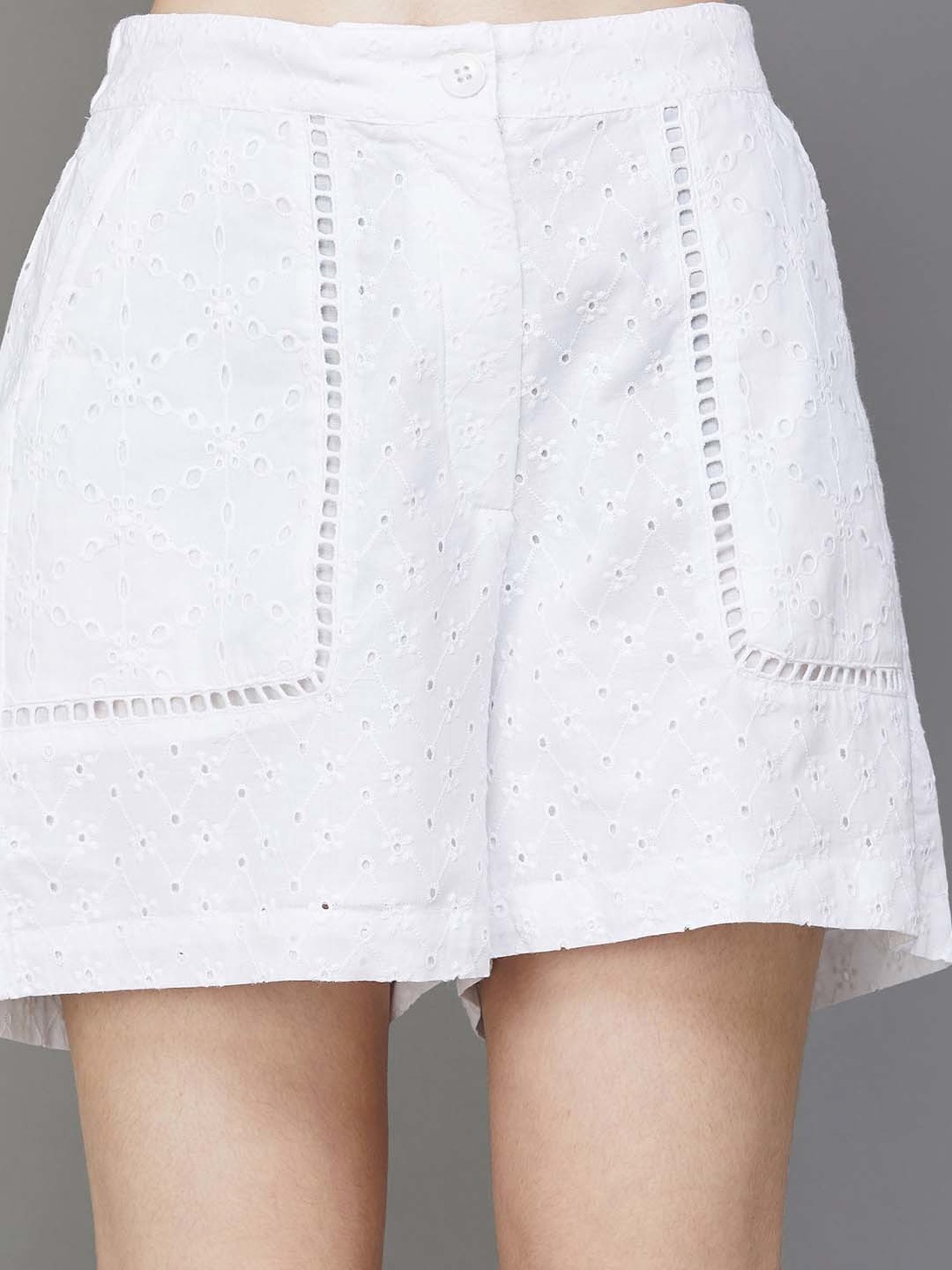 Colour Me by Melange White Cotton Self Pattern Shorts