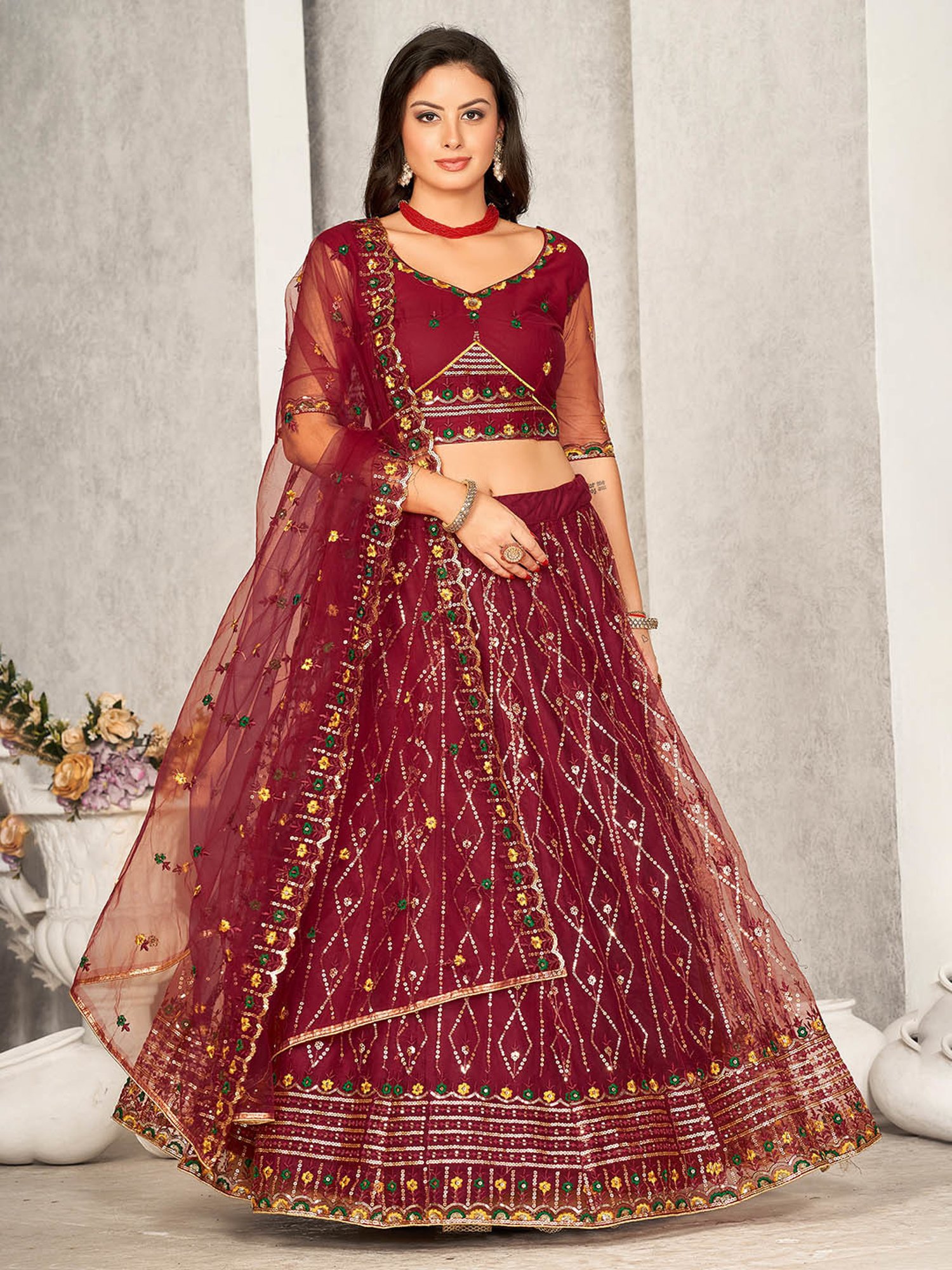 Warthy Ent Maroon Embroidered Lehenga Choli Set With Dupatta