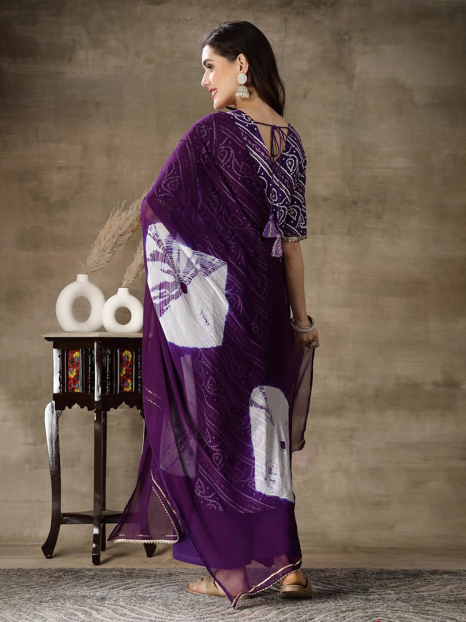Stylum Violet Rayon Bandhani Print Kurta With Palazzo & Dupatta