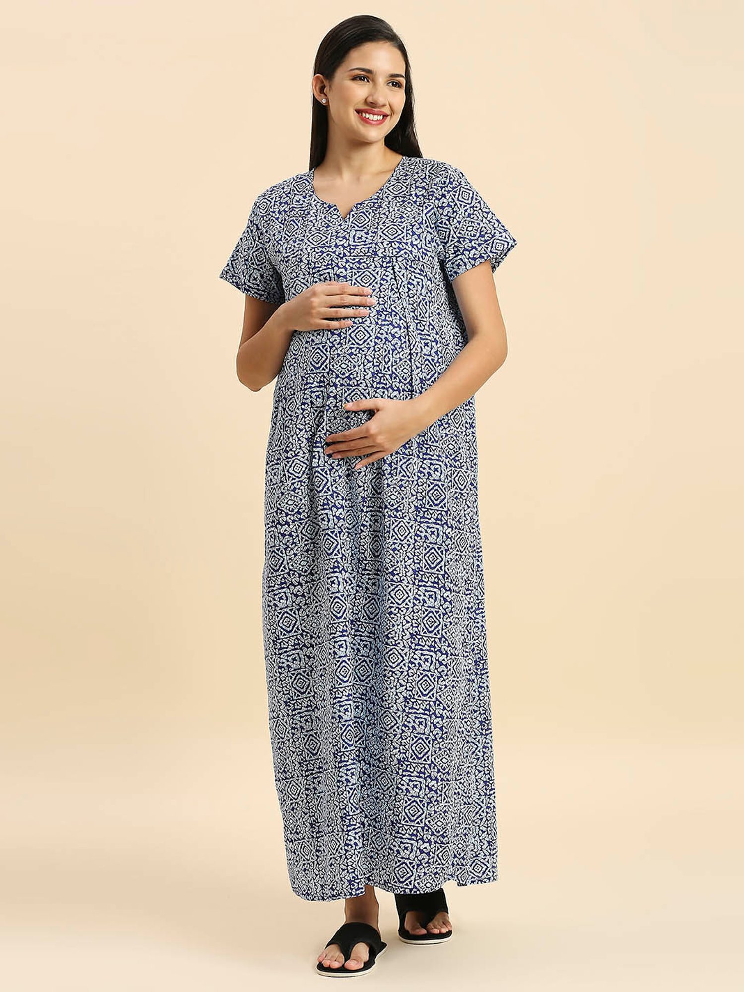 MomToBe Blue Cotton Printed Feeding Nighty