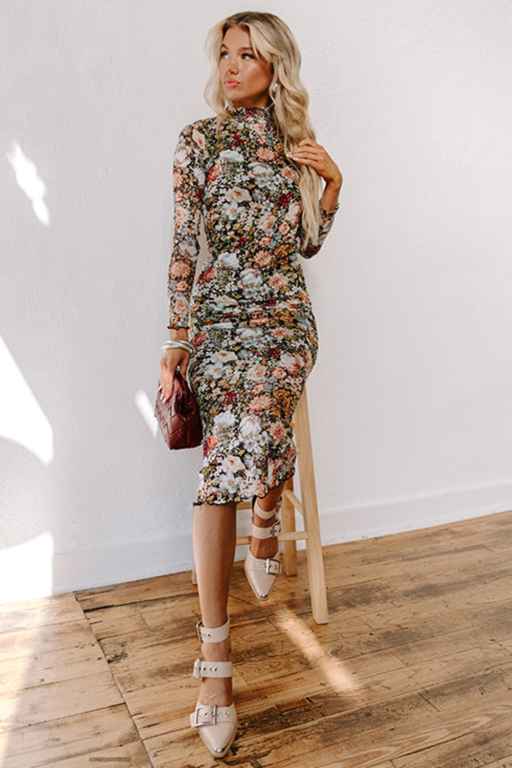 Multicolour Floral Print Split Neck Midi Dress