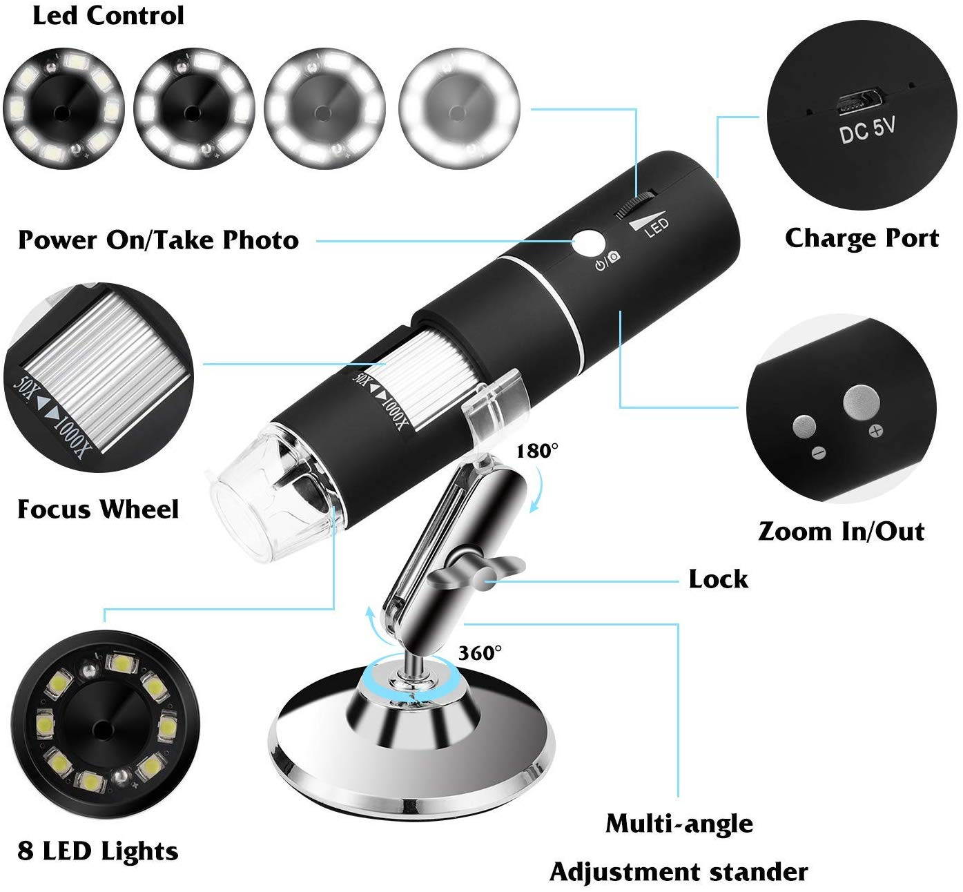WiFi Digital Microscope Built In WiFi Wireless Digital Microscope Camera with 1080P HD 2MP 50x To 1000x Magnification Endoscope for Android, IOS, Smartphone, Tablet, Widows, IPad, Mac PC