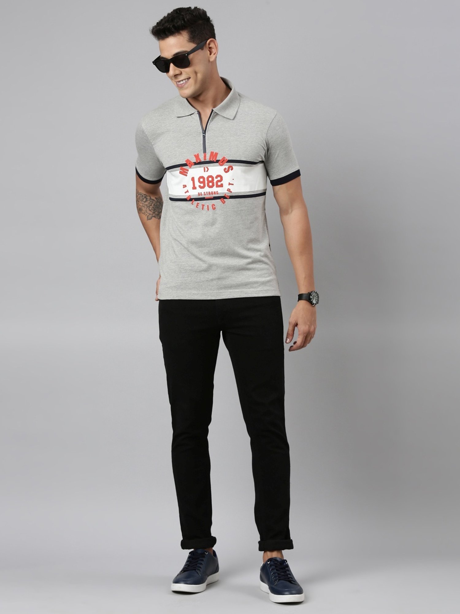 Dixcy Scott Maximus Grey Cotton Regular Fit Printed Polo T-Shirt