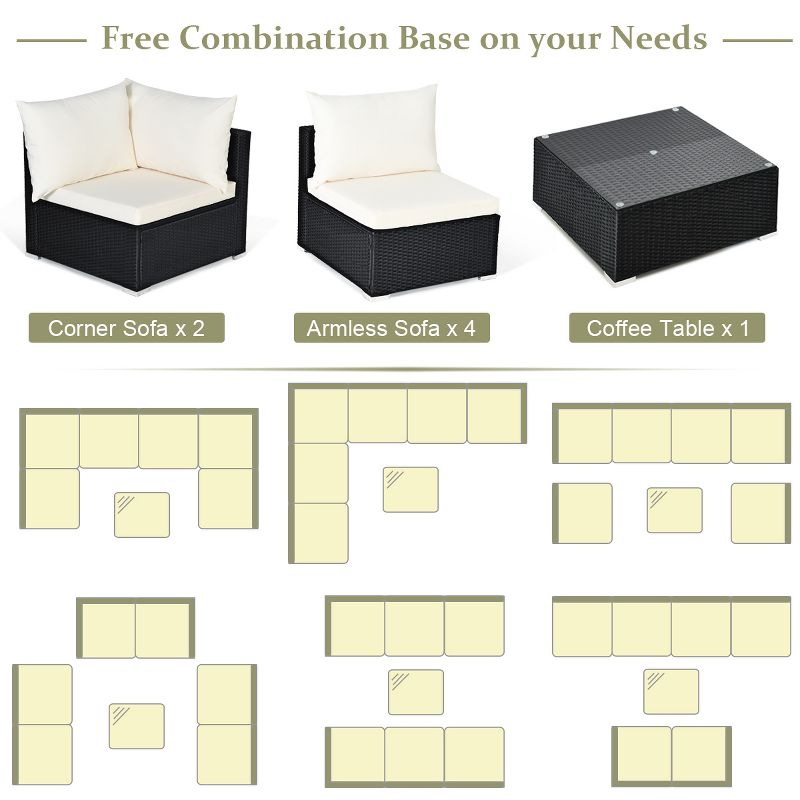 7PCS Patio Rattan Furniture Set Sectional Sofa Cushioned Glass Table Steel Frame