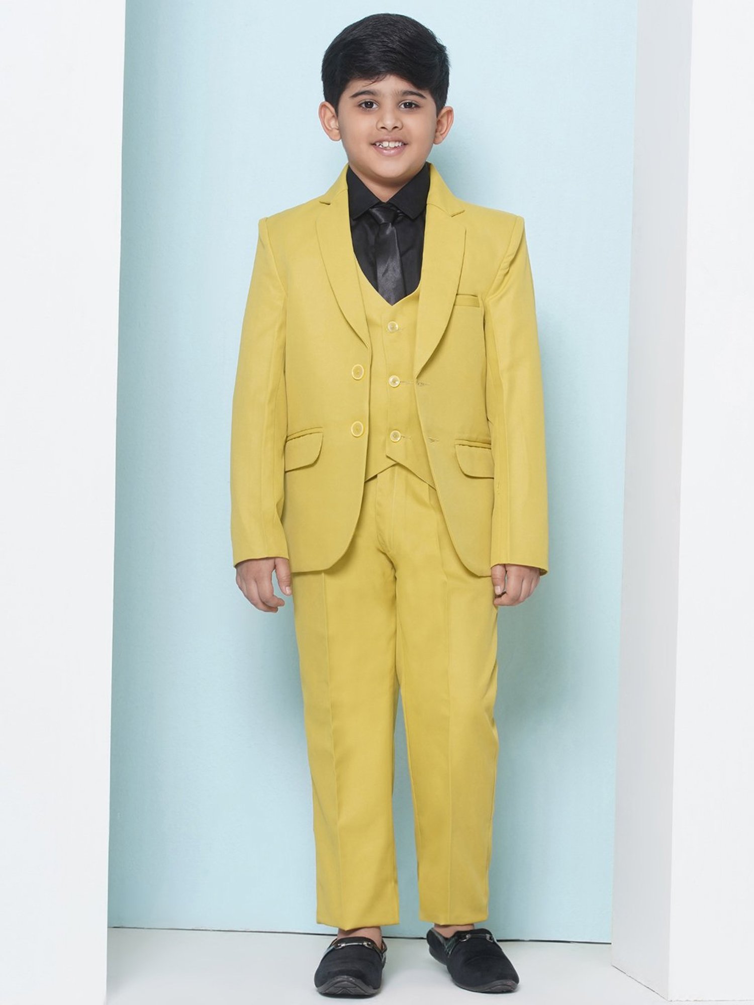 AJ Dezines Kids Mustard & Black Solid Full Sleeves Shirt, Pants, Coat, Waistcoat with Tie