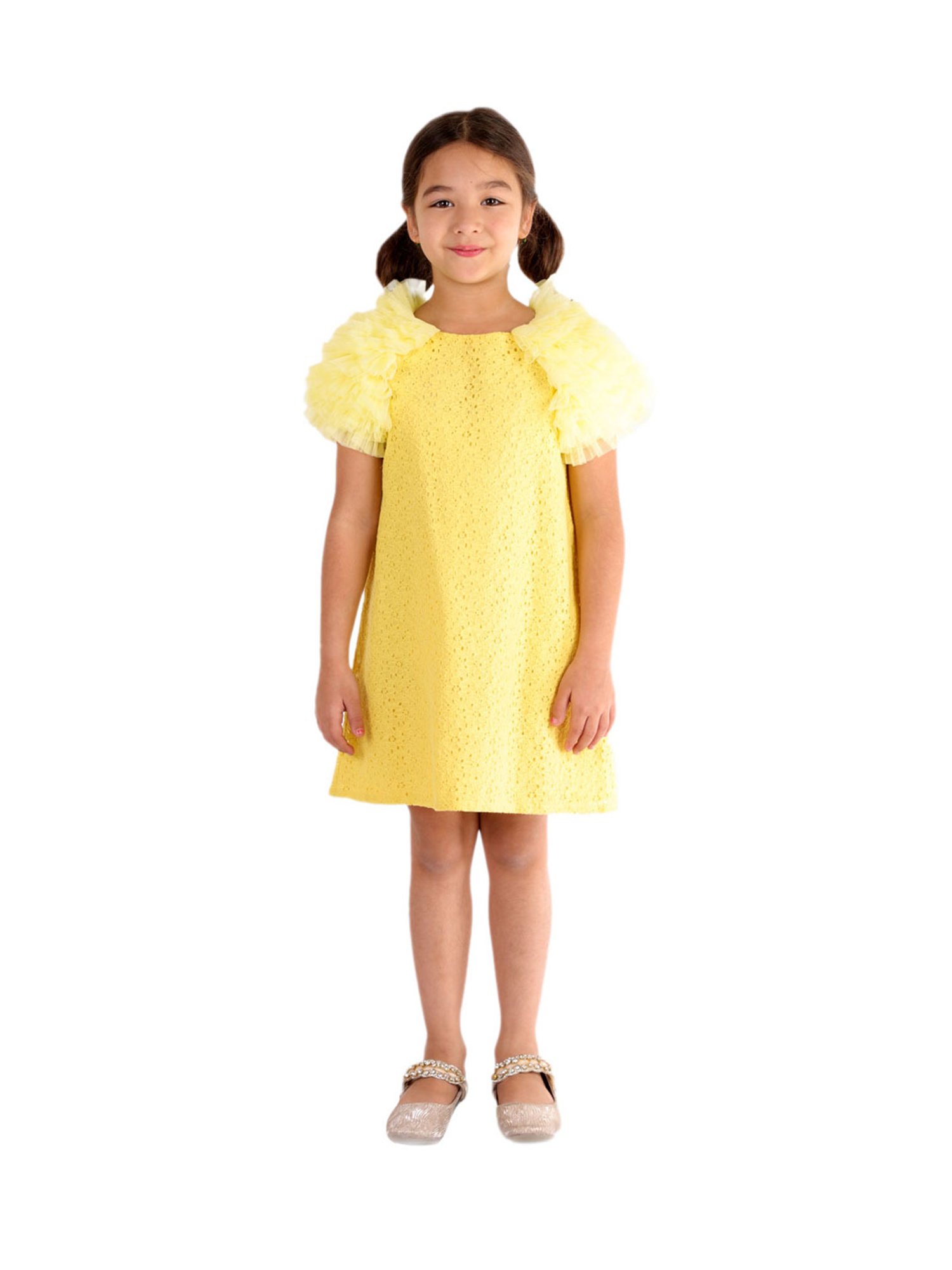 KidsDew Kids Yellow Self Design Dress