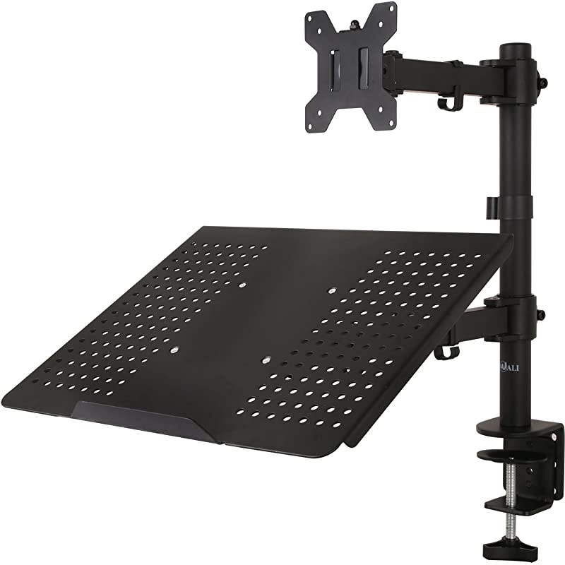 Single LCD Monitor Desk Mount Fully Adjustable Stand with Extra Laptop Tray for 1 Laptop Notebook up to 17 inch and 1 Screen up to 27 inch 22 lbs Weight Capacity M001LP Black
