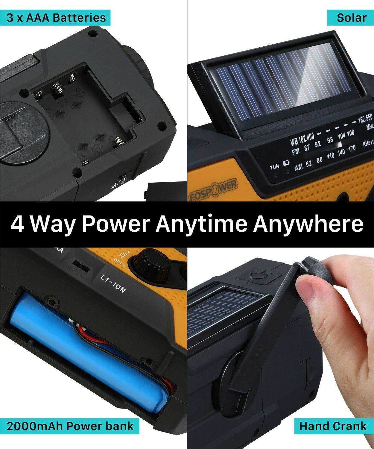 Emergency Solar Hand Crank Weather Radio 2000mAh Power Bank Charger Flash Light