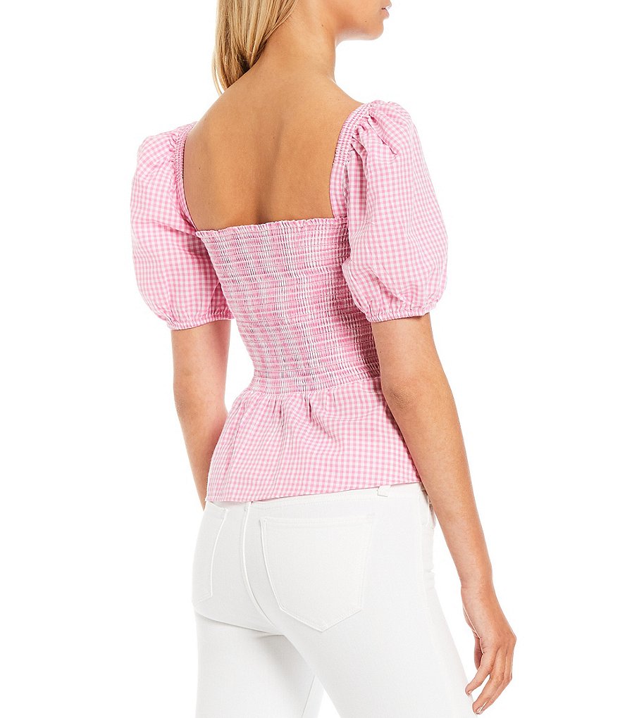 French Connection Artina Gingham Print Puff Sleeve Smocked Peplum Top