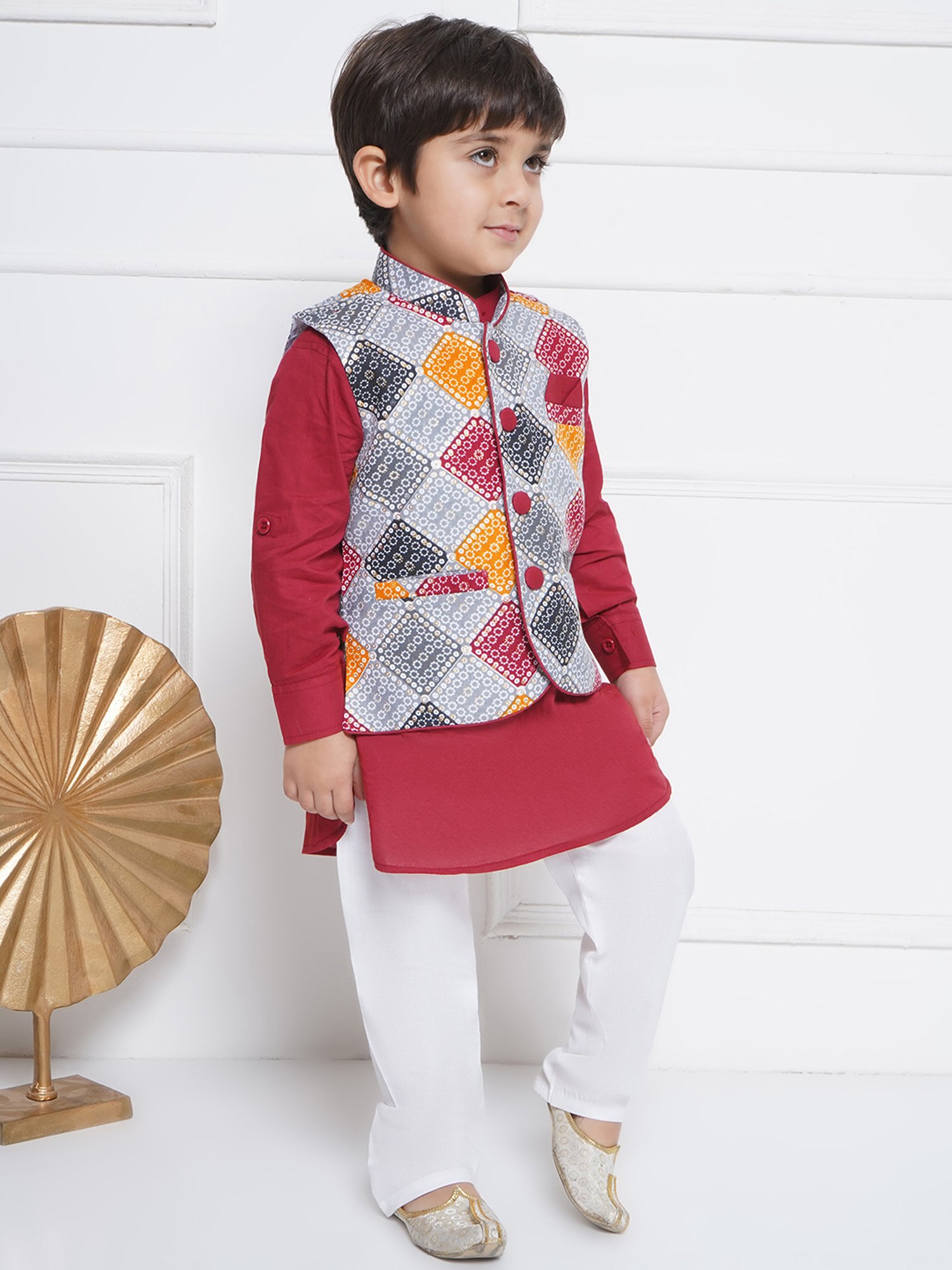 AJ Dezines Kids Multicolor Printed Full Sleeves Kurta, Pyjamas with Waistcoat