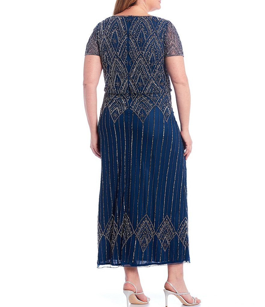 Pisarro Nights Plus Size Short Sleeve V-Neck Beaded Blouson Gown