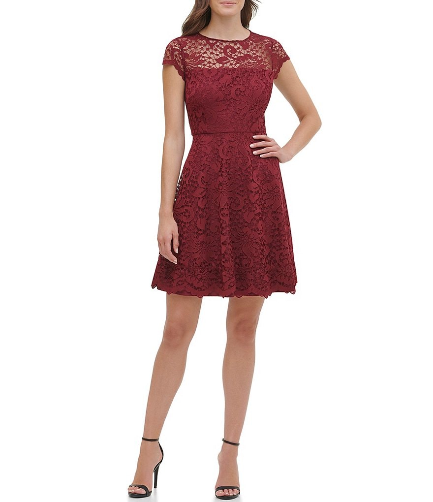 Kensie Illusion Neck Cap Sleeve Lace Fit & Flare Scallop Hem Fit & Flair Dress