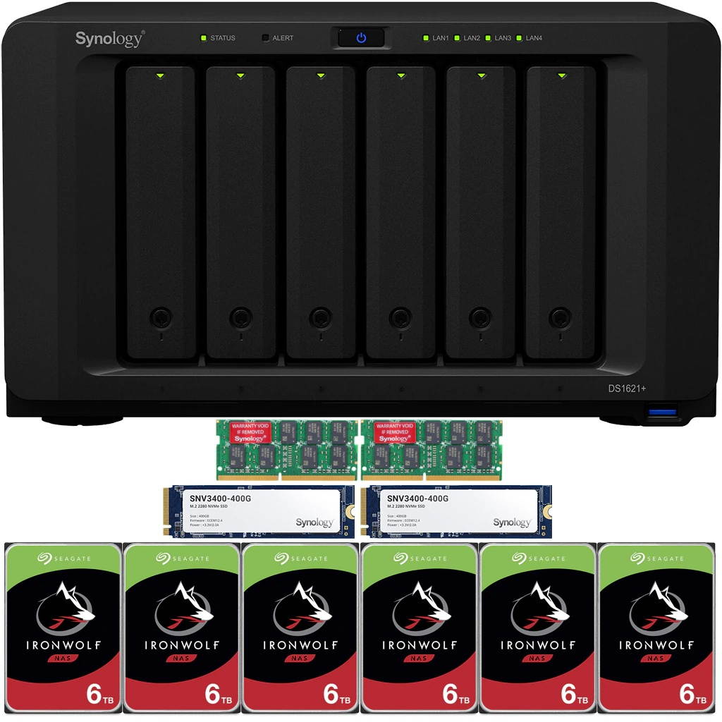 Synology DS1621+ DiskStation with 8GB RAM and 12TB (6 x 2TB) of Seagate Ironwolf NAS Drives and 800GB (2x400GB) NVME Cache Fully Assembled and Tested By CustomTechSales