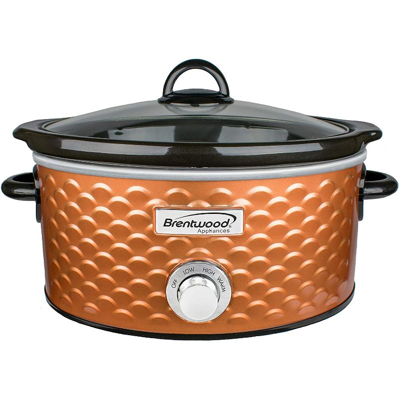 Brentwood SC-140C 220 Watt 4.5 Quart Adjustable Temperature Kitchen Slow Cooker Pot with Clear Glass Lid, Scalloped Copper