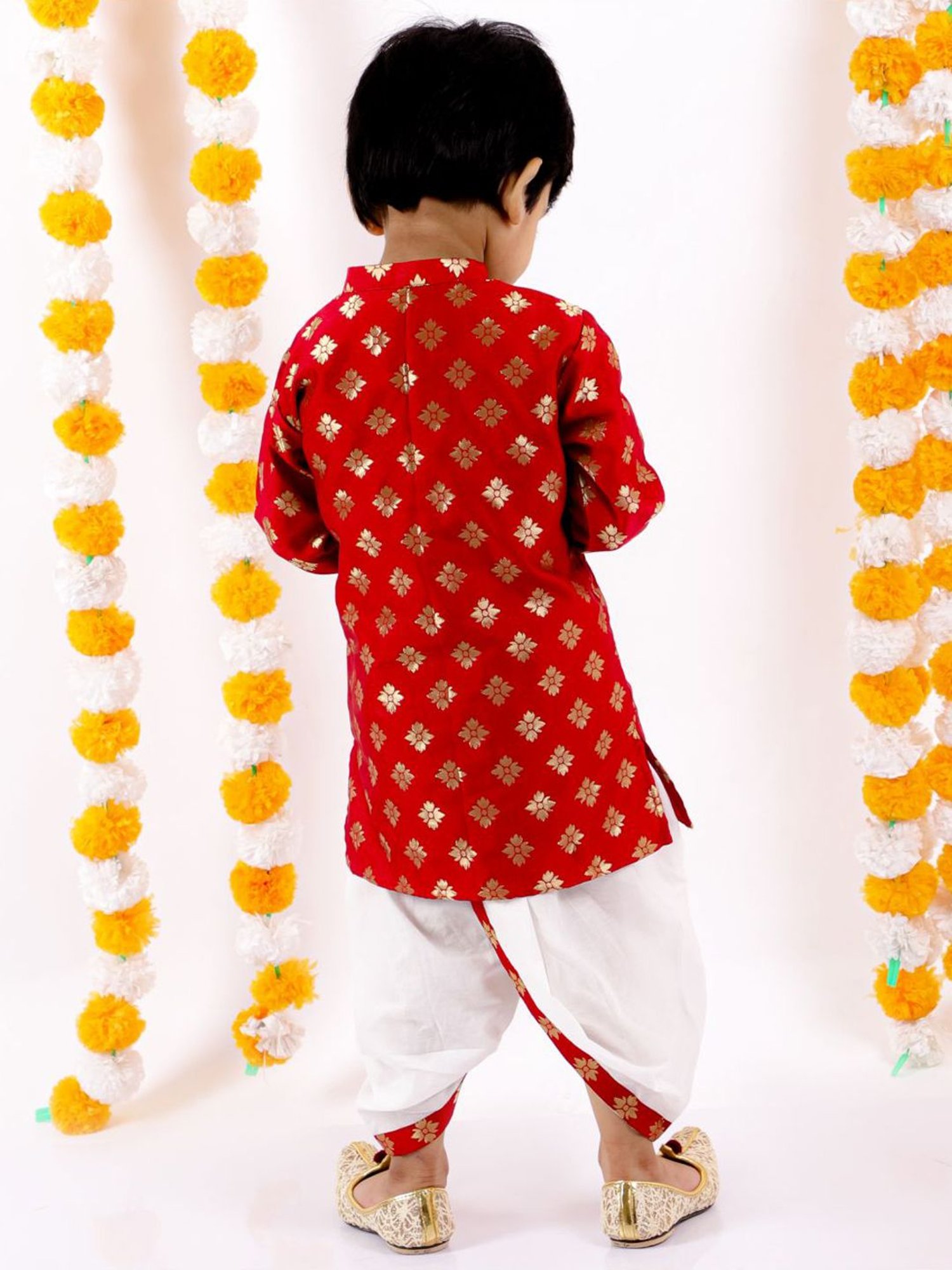 Little Bansi Kids Red & White Embellished Kurta Set