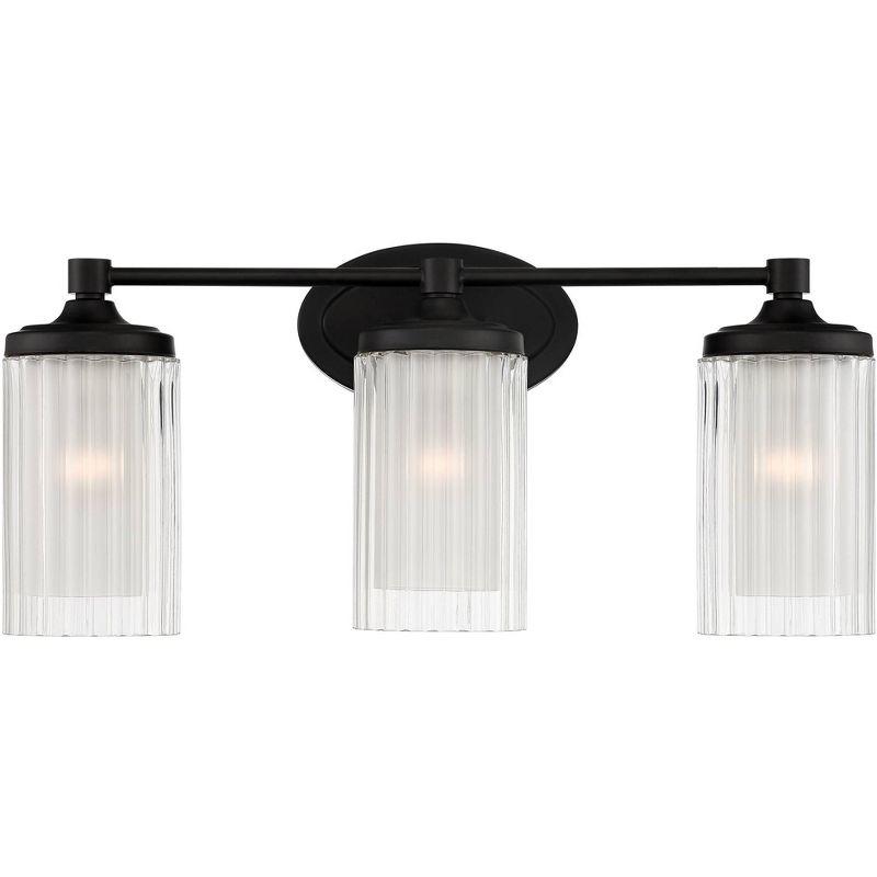 Possini Euro Design Modern Wall Light Black Hardwired 22 1/2" Wide 3-Light Fixture Double Fluted Glass for Bathroom Vanity Mirror