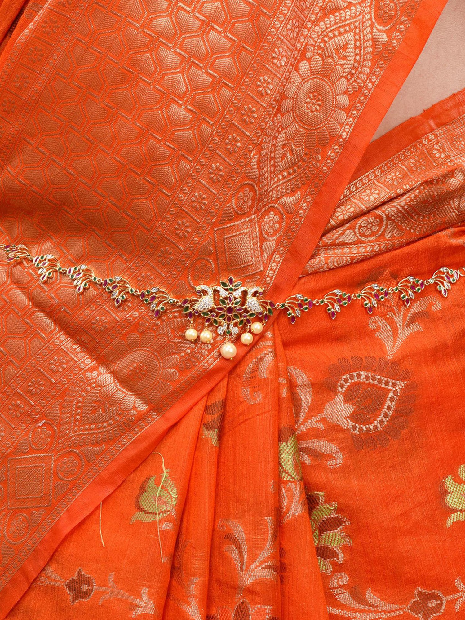 Saraf Rs Jewellery Red & Green Gold Plated  Floral &Peacock Motif  Temple Kamarbandh