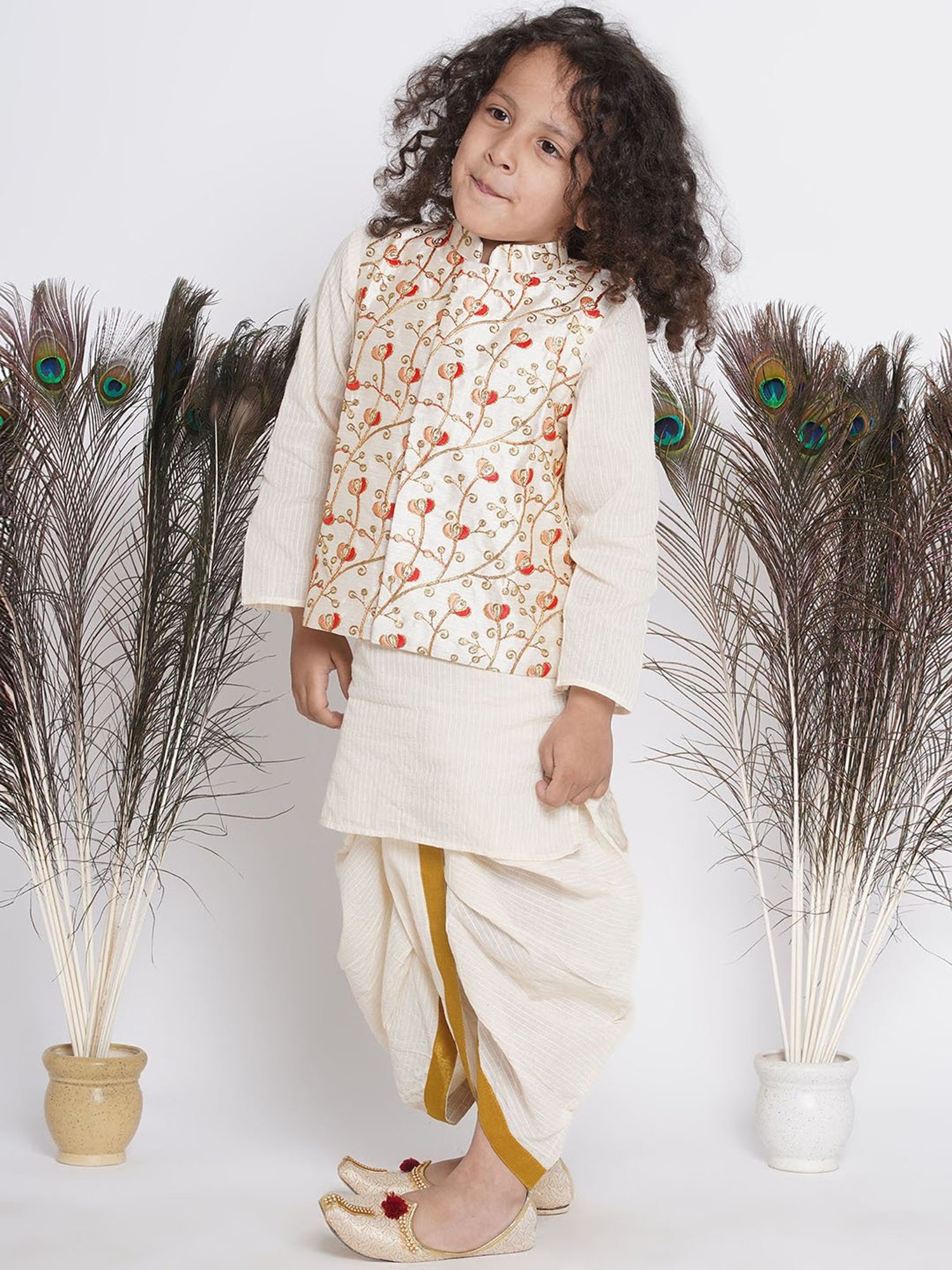 Little Bansi Kids Cream Embroidered Full Sleeves Kurta , Jacket with Dhoti