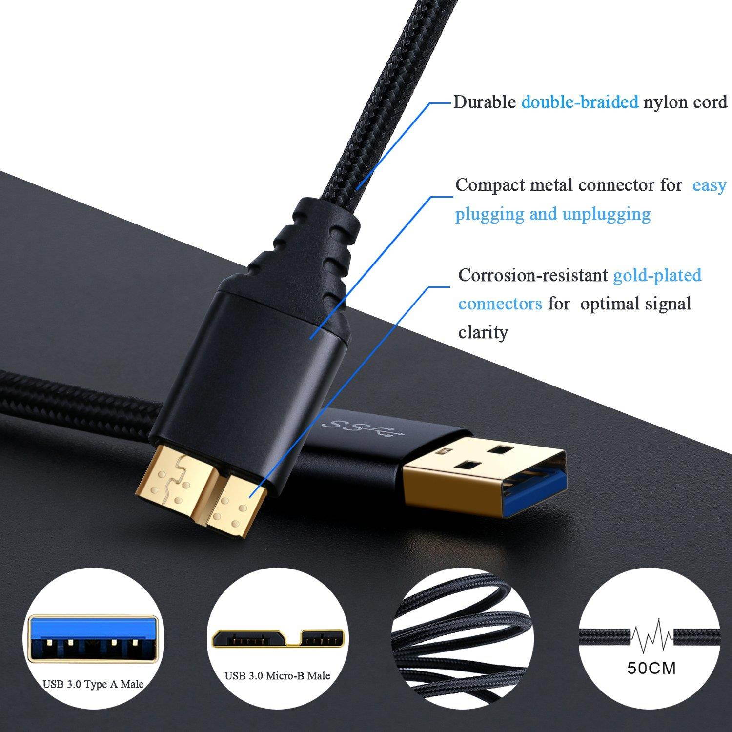 Besgoods 2-Pack 1.5 ft/50cm Short Braided Super Speed Micro USB 3.0 Cable - USB Type A Male to Micro B Cable for External Hard Drive, Samsung Galaxy S5, Galaxy Note 3, Black