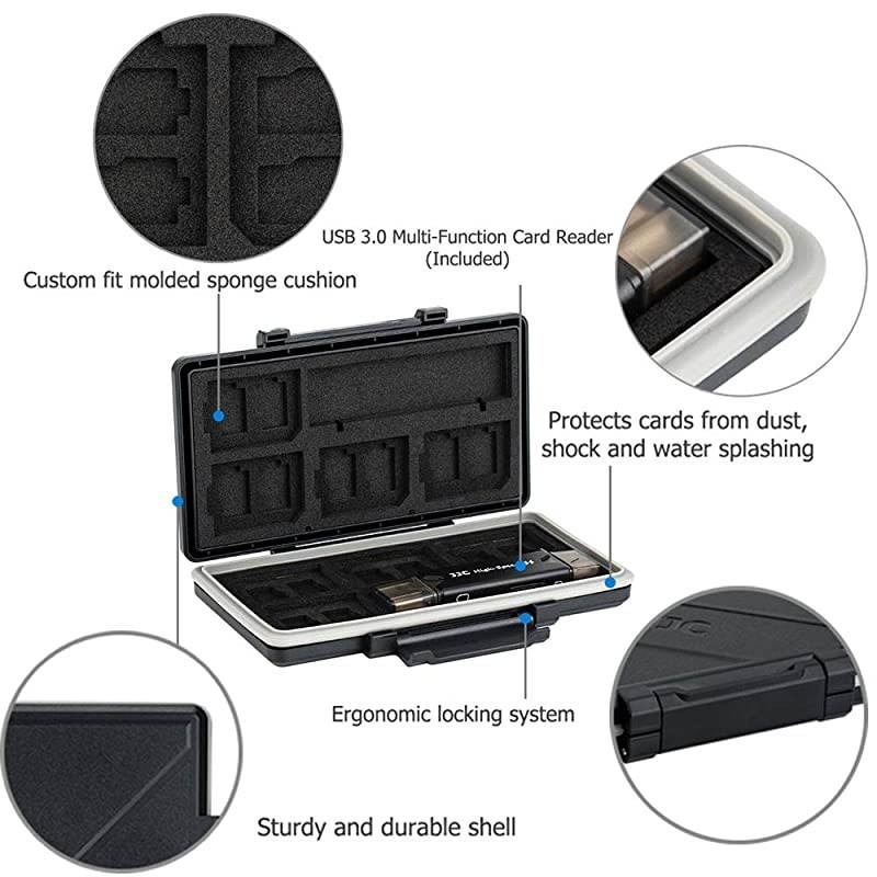Slots Memory Card Case Holder for 16 Micro SD Cards 8 SD Cards Includes a 3 in 1 Type C USB 30 Micro USB 20 Memory Card Reader WaterResistant AntiShock