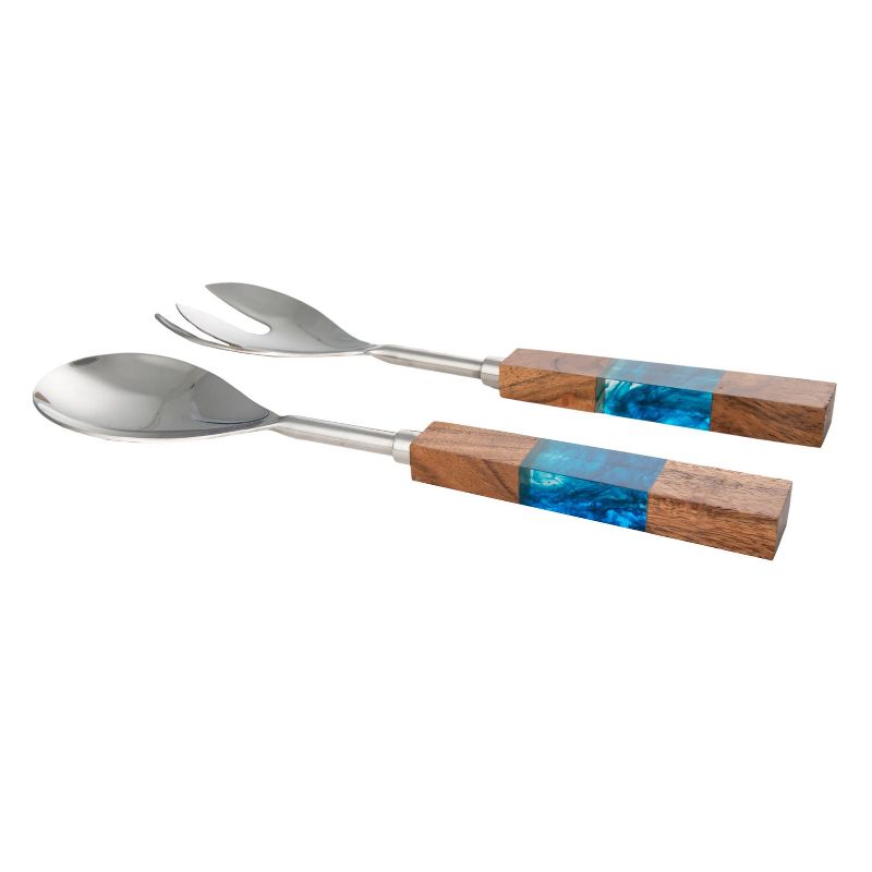 2pc Stainless Steel Salad Servers with Wood Handles Blue - Thirstystone