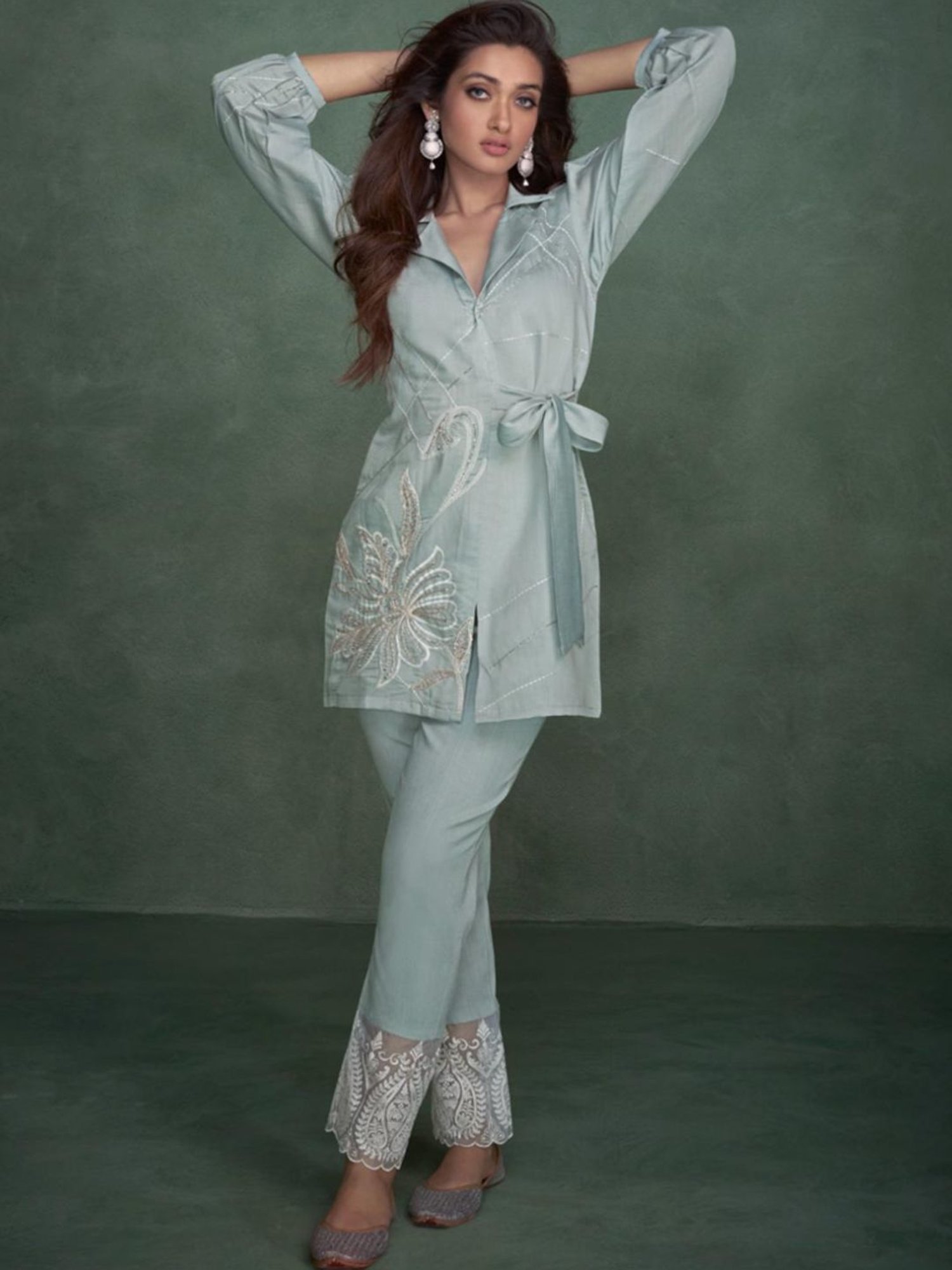 Autumnlane Blue Selena Sober Embroidery Tunic with Pant Co-ord Set