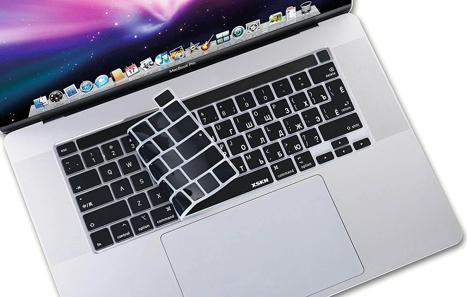 XSKN Russian/English Language Black Silicone Keyboard Cover Skin for 2019 MacBook Pro 16 inch A2141 and 2020 MacBook Pro 13.3 inch A2338 M1 A2251 A2289 with Touch Bar & Touch ID US EU Common Version