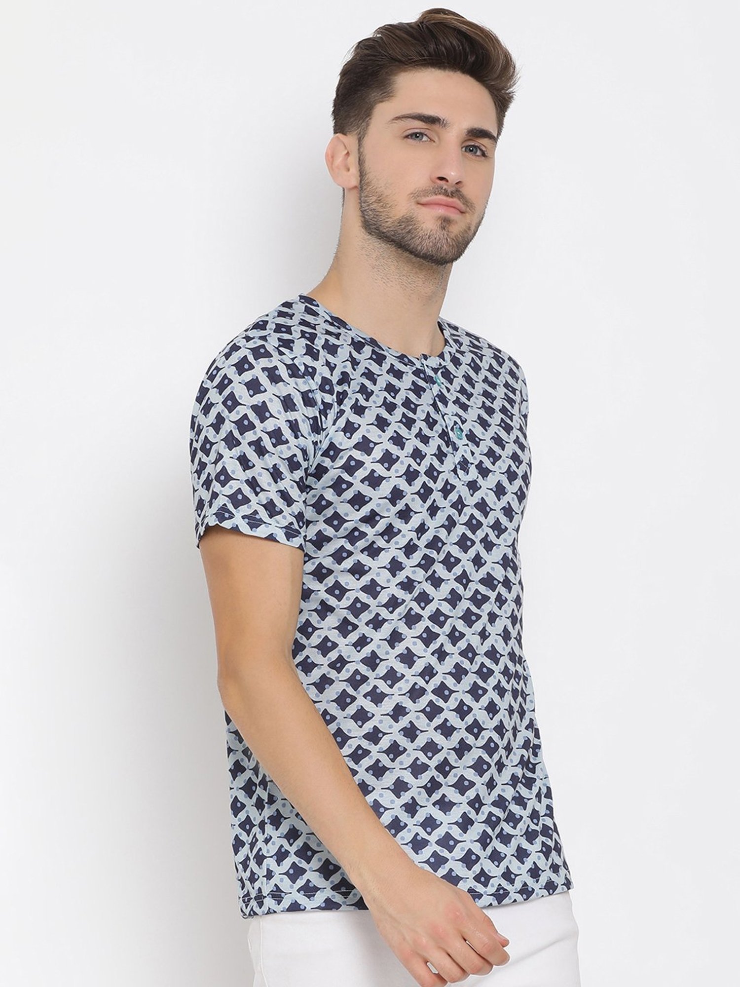 Hangup Plus Navy & Grey Regular Fit Printed Henley T-Shirt