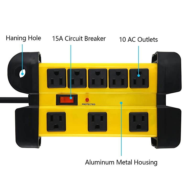Duty Power Strip Surge Protector 8 Outlet Industrial Power Strip with 15A Shop Workshop Garden Metal Power Strip with 6FT Cord 1200 Joules ETL Listed