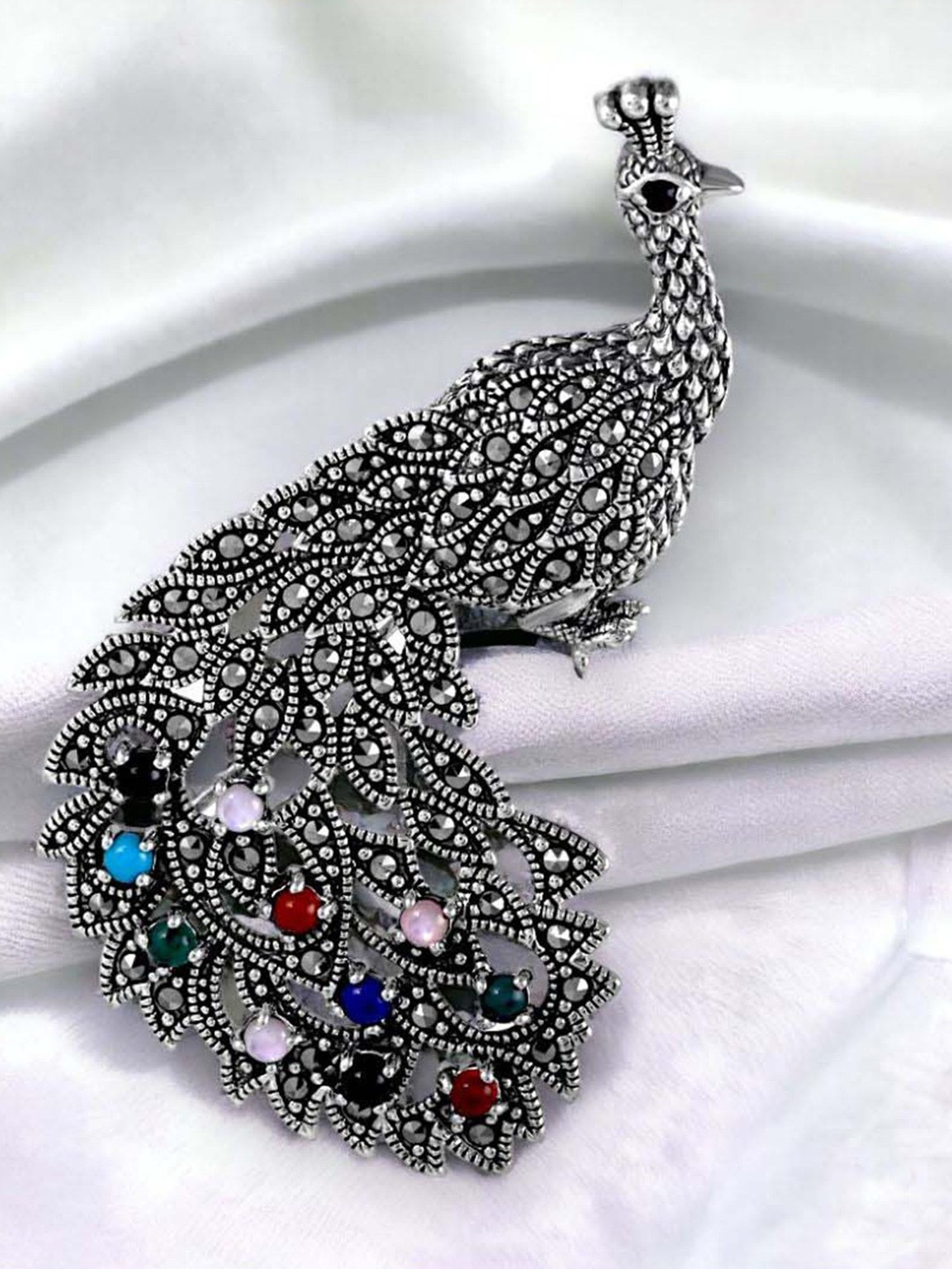 Rihi by P.C. Chandra Jewellers 925 Silver Multicolor Peacock Brooch Cum Pendant for Unisex