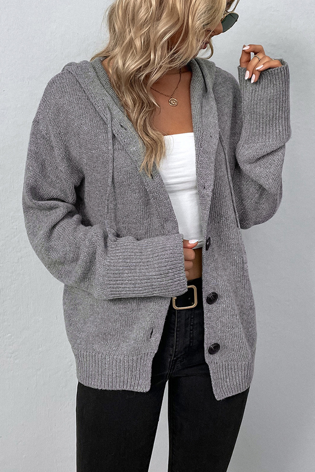 Black Plaid Casual Contrast Trim Knit Cardigan
