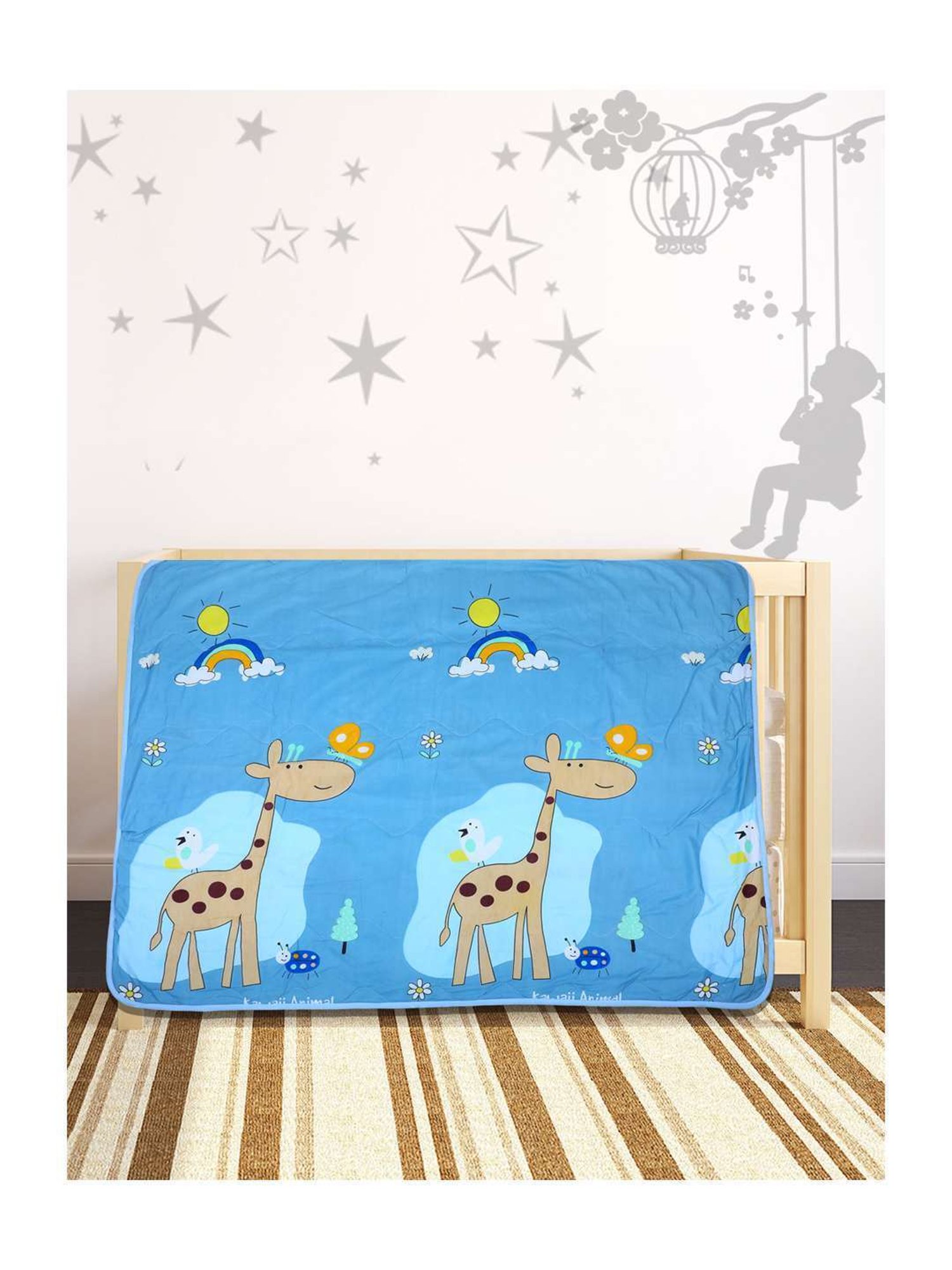Baby Moo Kids Blue & Beige Sunny Day With Giraffe Soft Quilted Reversible Blanket