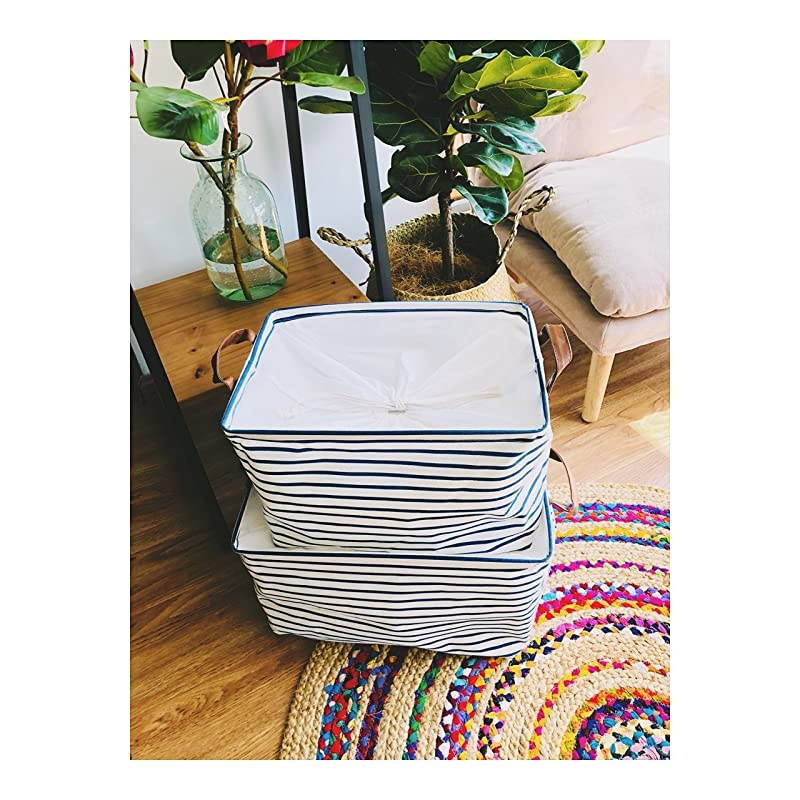 15Inches Large Storage Basket Available 15 and 17 InchesWidth Drawstring Square Cotton Linen Collapsible Toy Basket Navy Blue M