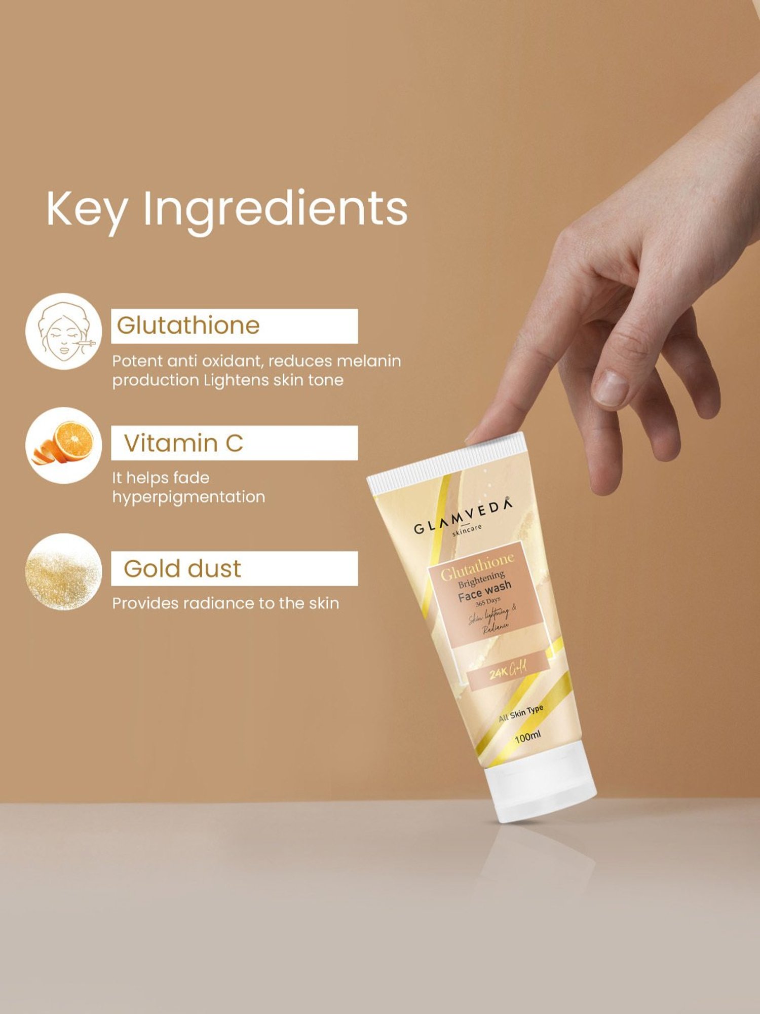 Glamveda Glutathione 24K Gold 365 Days Brightening Face Wash - 100 ml