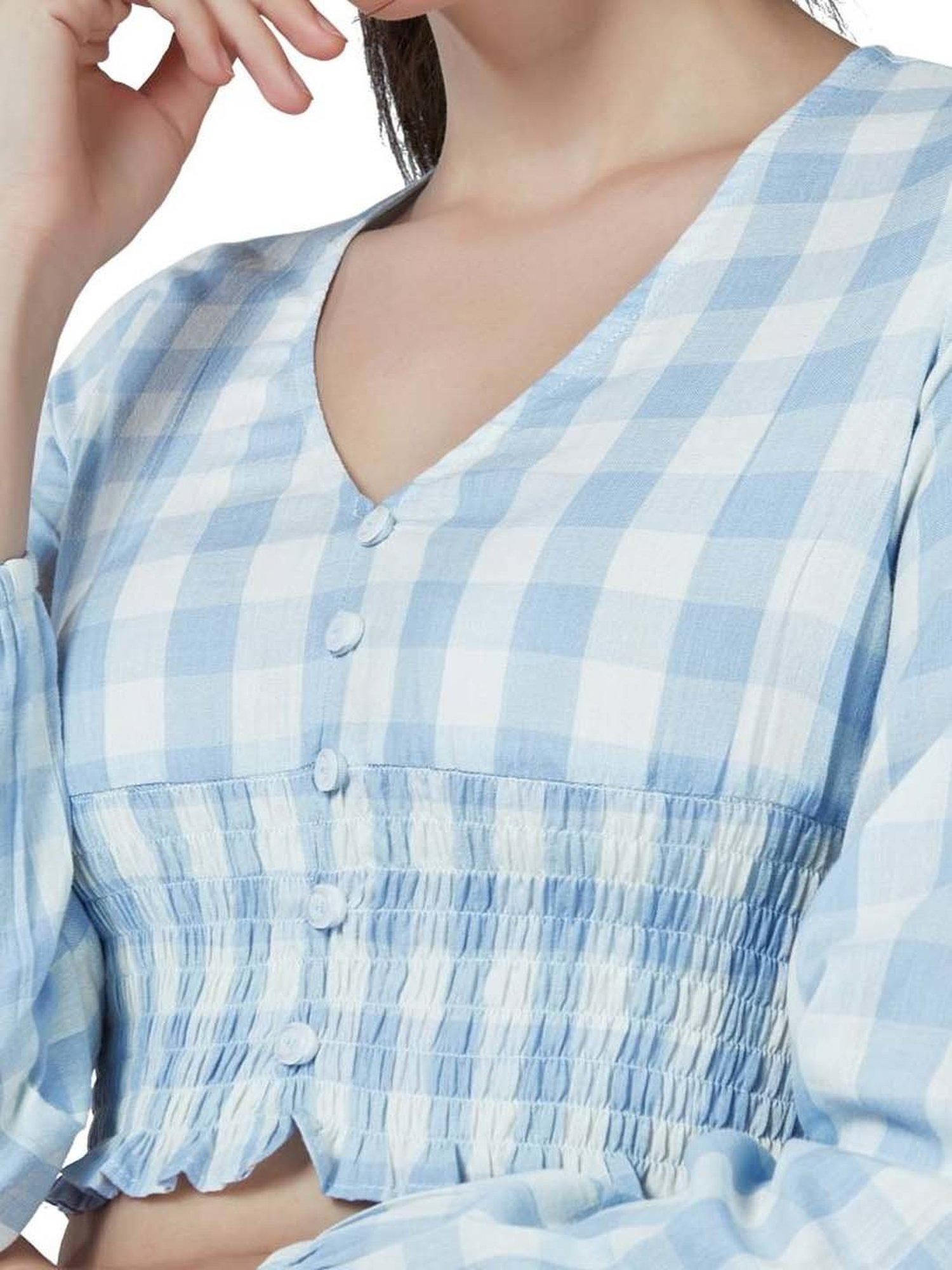 VASTRADO Blue Cotton Chequered Crop Top