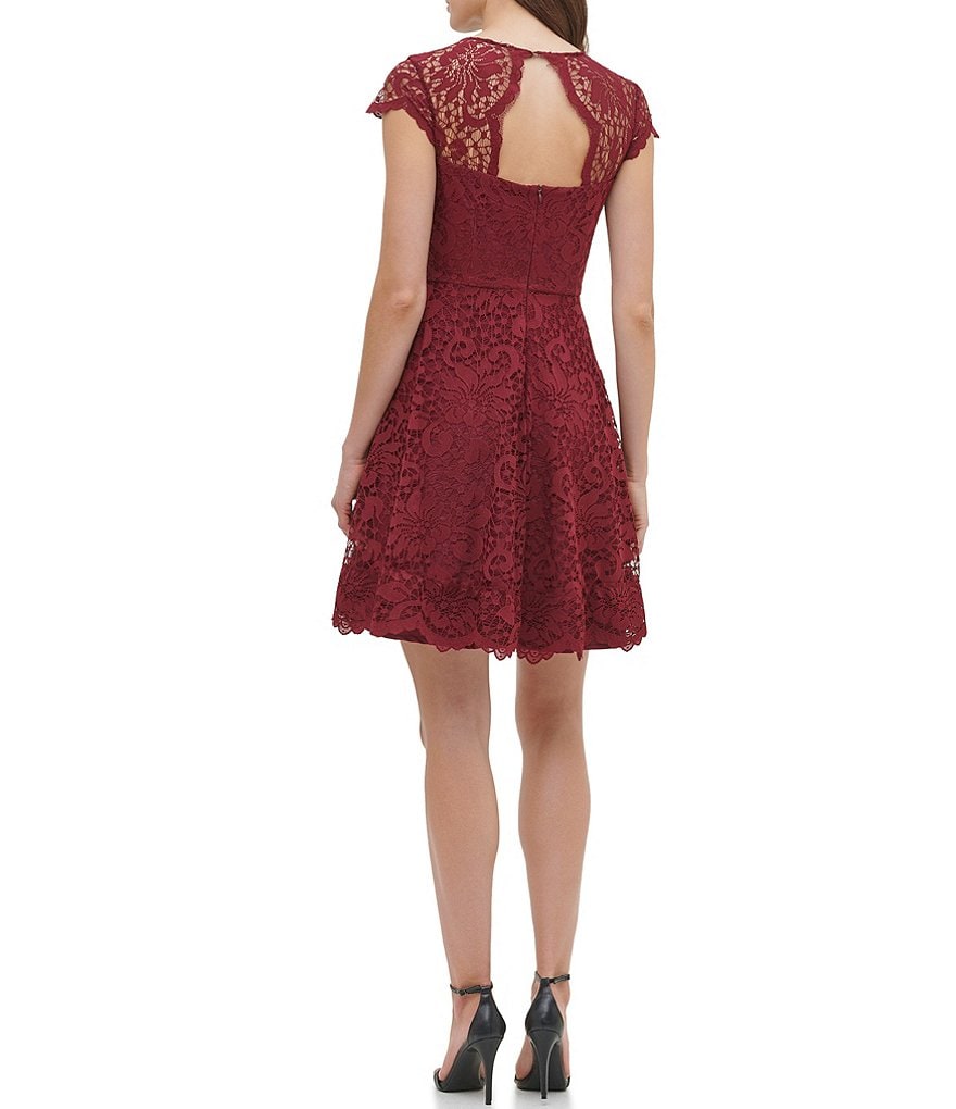 Kensie Illusion Neck Cap Sleeve Lace Fit & Flare Scallop Hem Fit & Flair Dress
