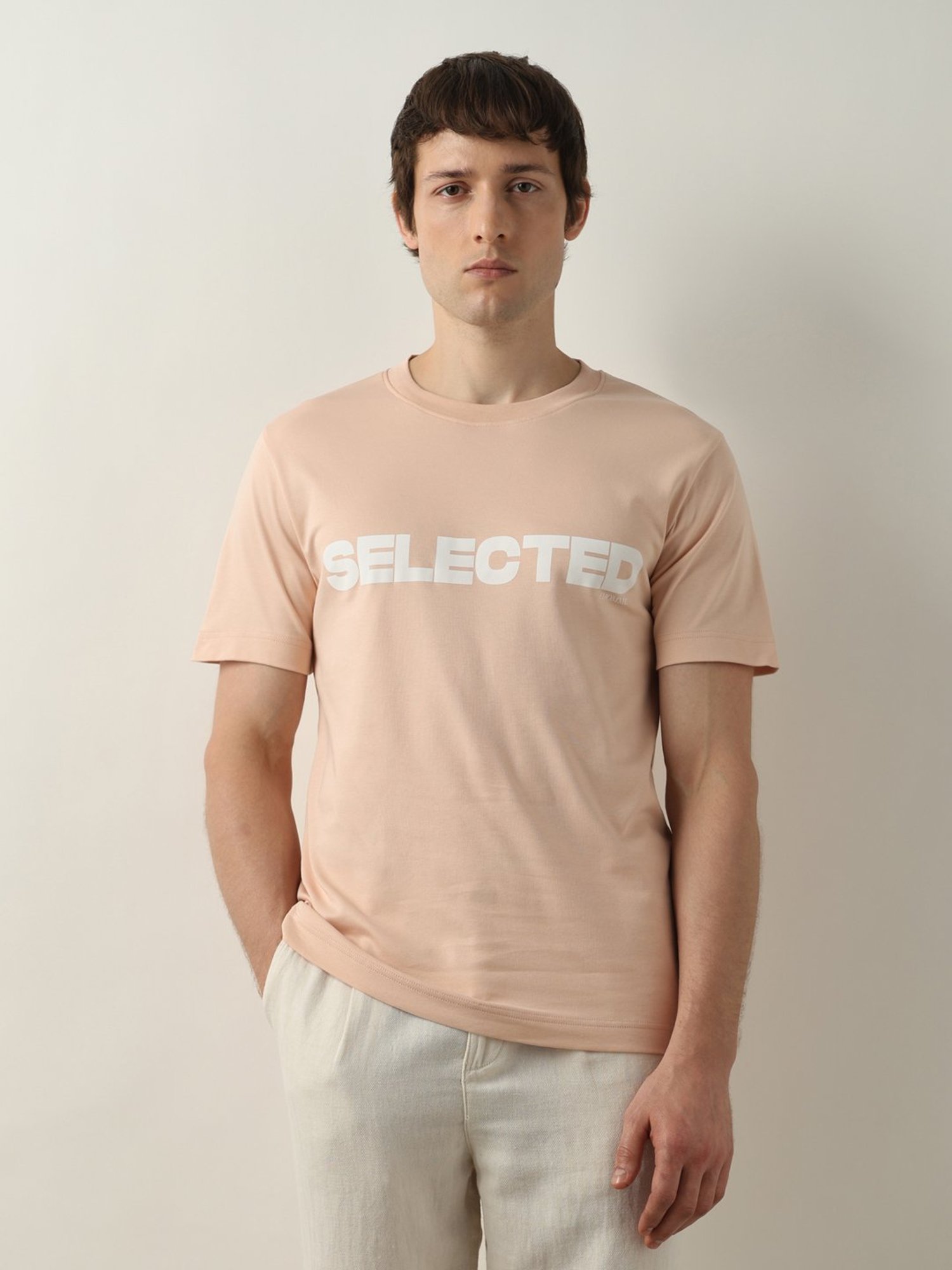 SELECTED HOMME Light Pink Slim Fit Logo Print Cotton Crew T-Shirt