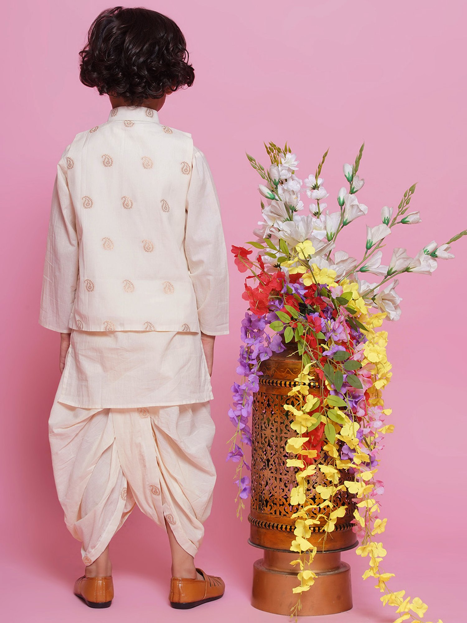 Little Bansi Boys Cream Self Design Full Sleeves Kurta, Dhoti with Jacket