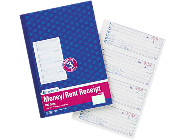 Adams TC1182 Receipt Book, 7-5/8 x 11, Three-Part Carbonless, 100 Forms