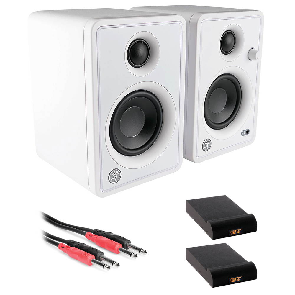 Mackie CR3-XBT Creative Reference Series 3" Multimedia Monitors with Bluetooth (Pair, Limited-Edition White) Bundle with 2x Small Isolation Pad & Phone to Phone (1/4") Cables