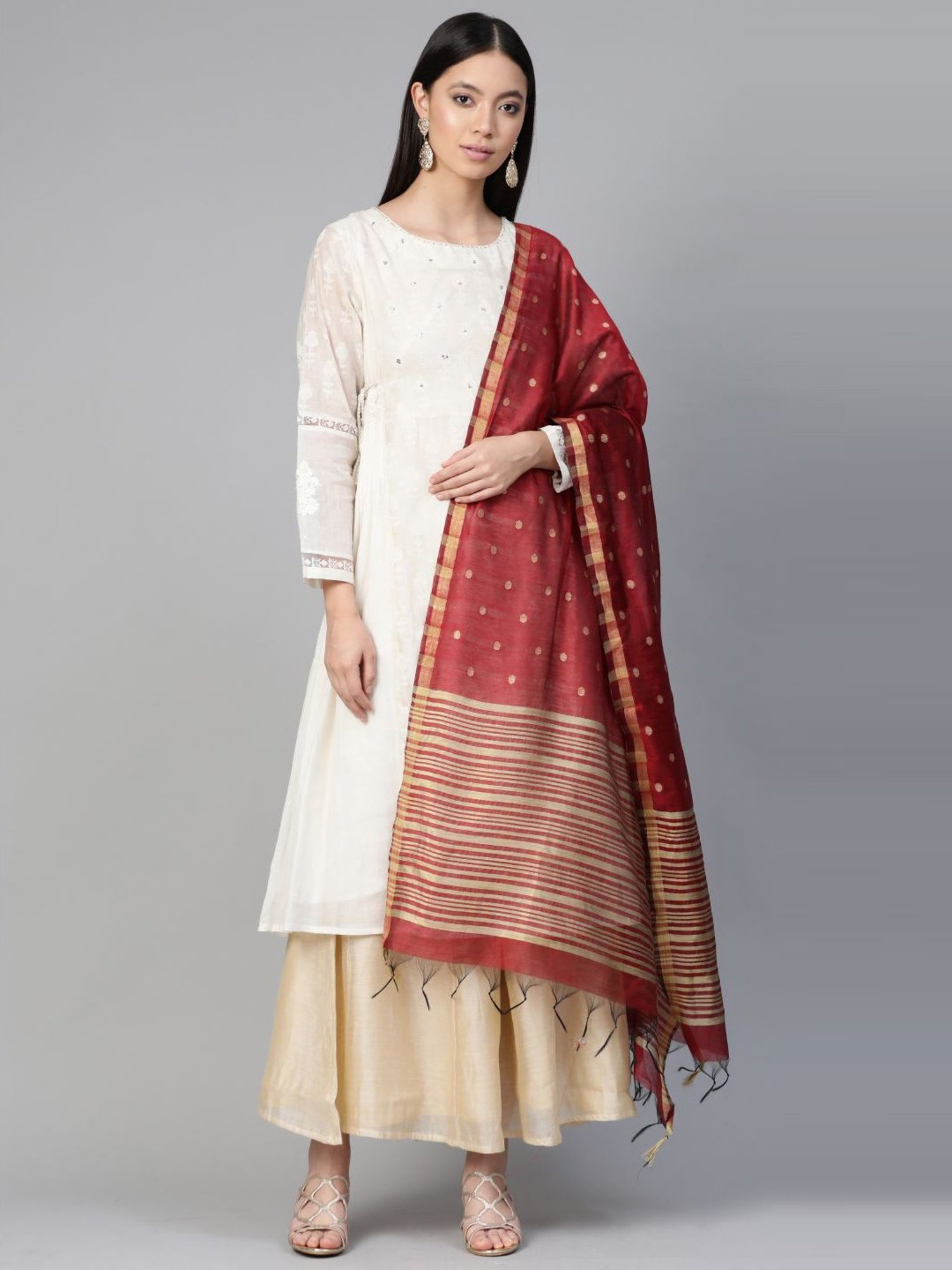 Indo Era Maroon Woven Design Dupatta