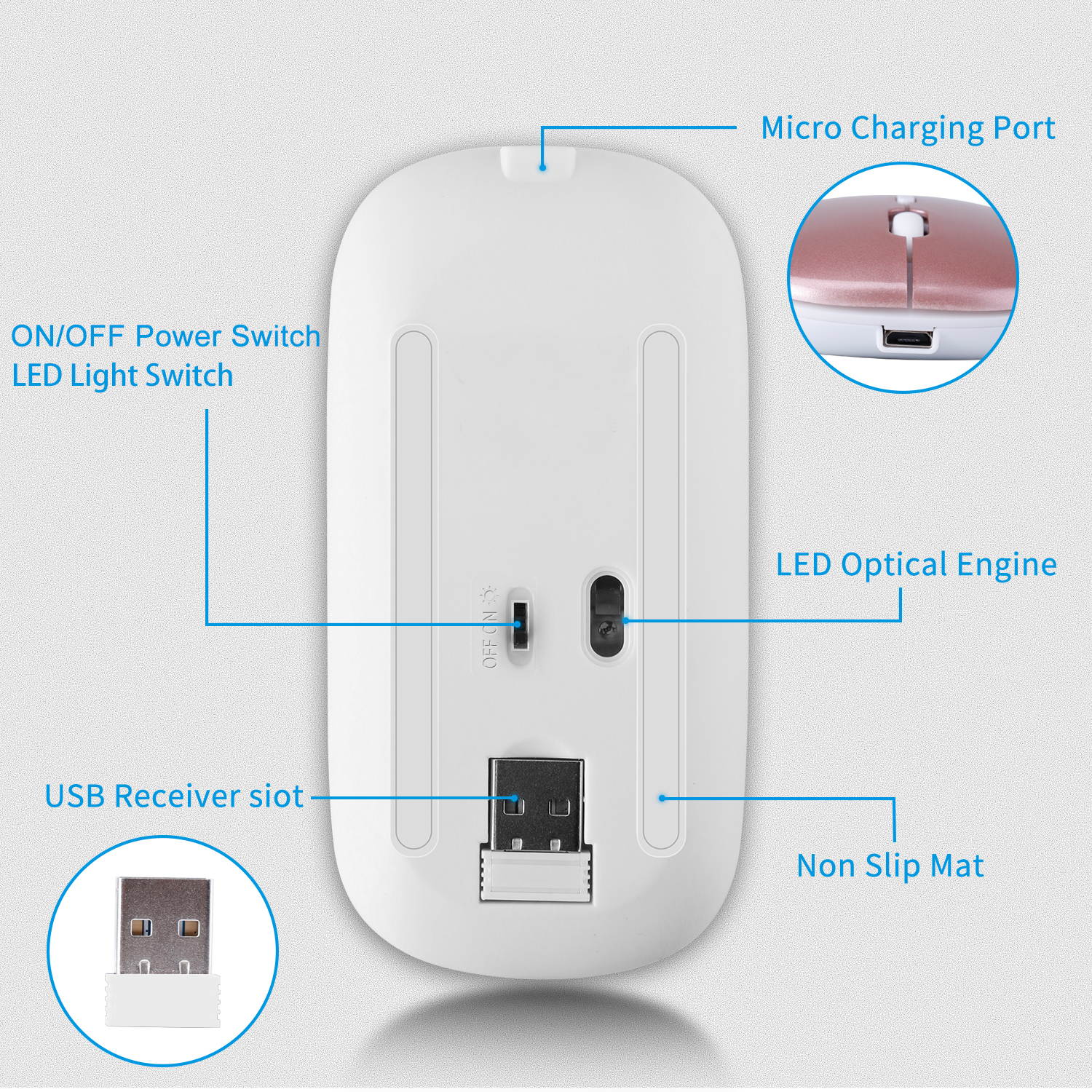 Donwell Slim Wireless EVA Mouse Silent USB Mice 2.4GHz Rechargeable RGB Light For PC Laptop MacBook Air 202 with Type-c USB Receiver/connector