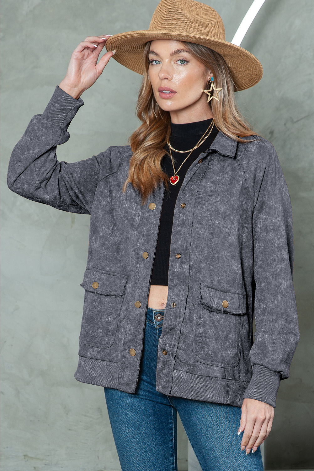 Gray Snap Button Casual Flap Pockets Washed Jacket