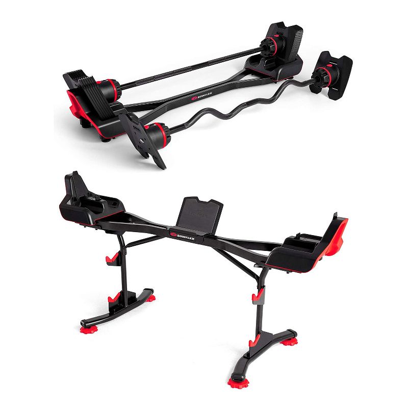 Bowflex SelectTech Adjustable Full Body Strength System Barbell and Curl Bar Bundle with Full Body Strength System Barbell Stand and Media Rack