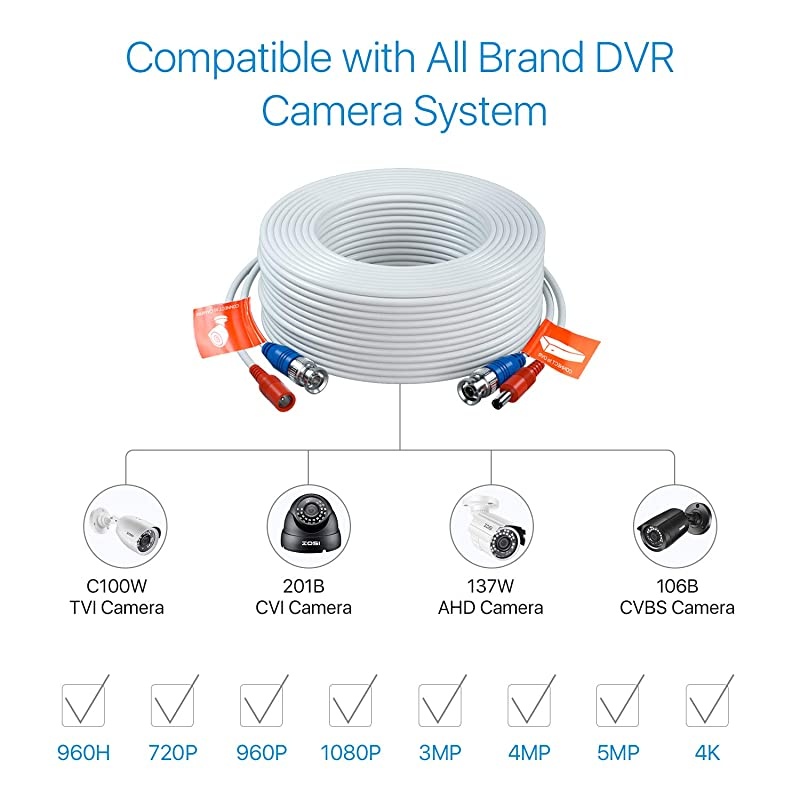 4 Pack 100ft 30 Meters 2in1 Video Power Cable BNC Extension Surveillance Camera Cables for Video Security Systems Included 4X BNC Connectors and 4X RCA Adapters White Color