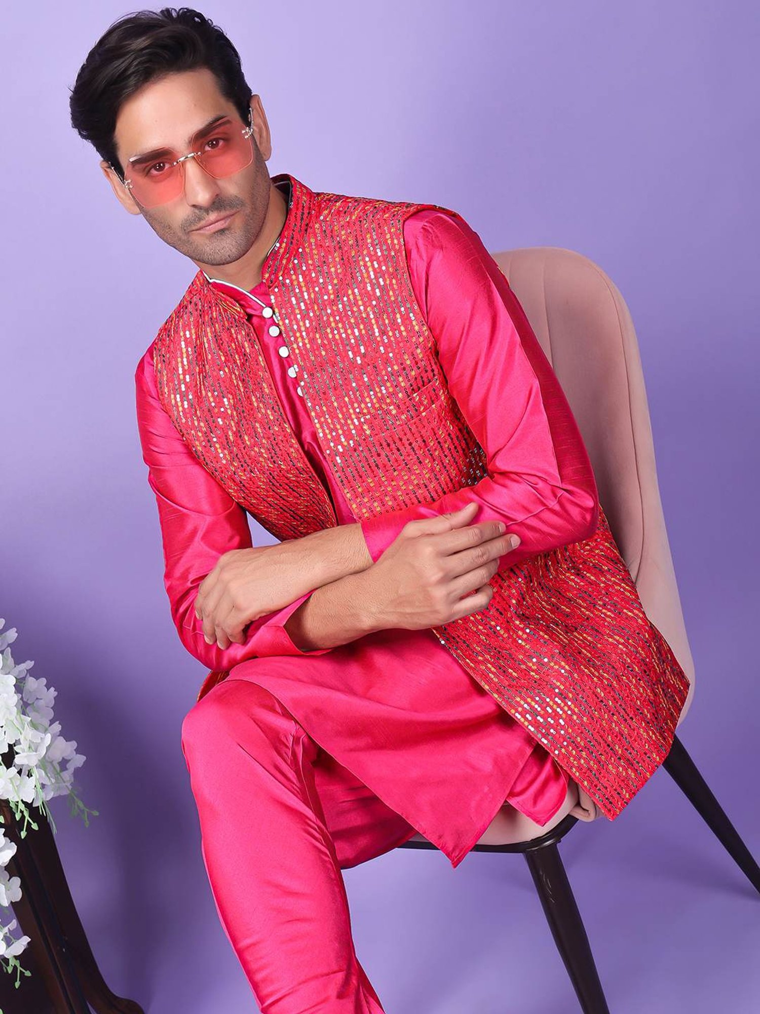 Hangup Pink Regular Fit Embroidered Kurta Set With Jacket