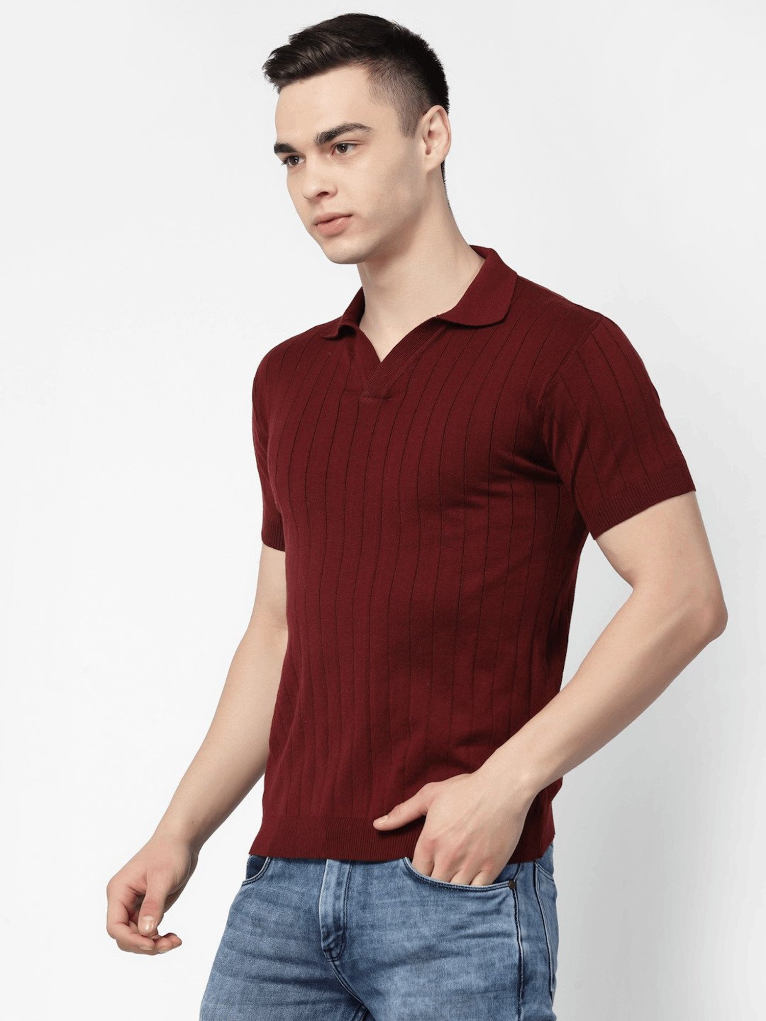 Kalt Maroon Regular Fit Striped Polo T-Shirt
